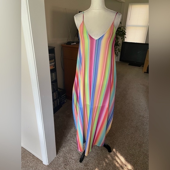 Vestique Maxi Slip Dress Rainbow Deep V Neck Size Small Flowy Cruise Resort Wear - Picture 1 of 9